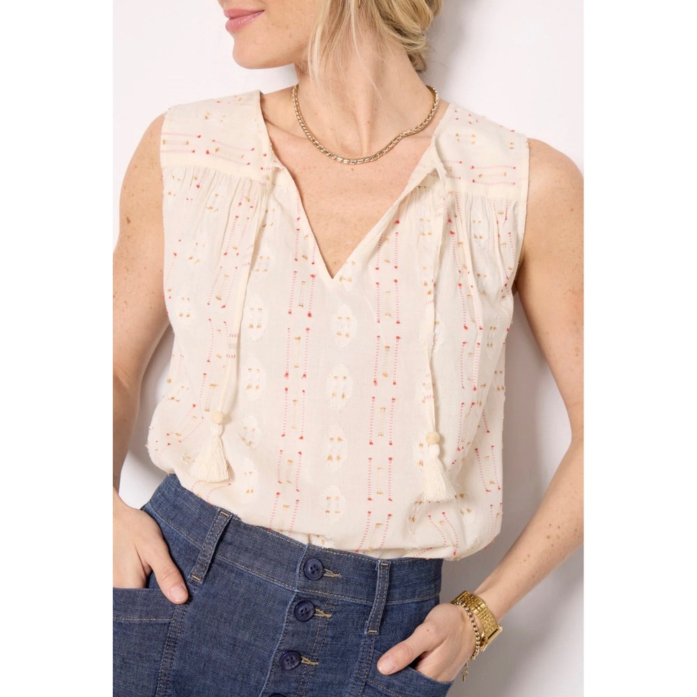 Faherty Cream Sleeveless Tassel Tie Blouse with Pink & Gold Dots